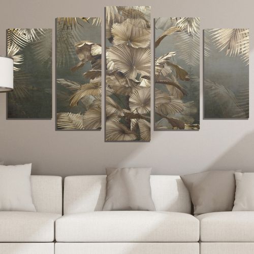 0835  Wall art decoration (set of 5 pieces) Golden leaves for living room