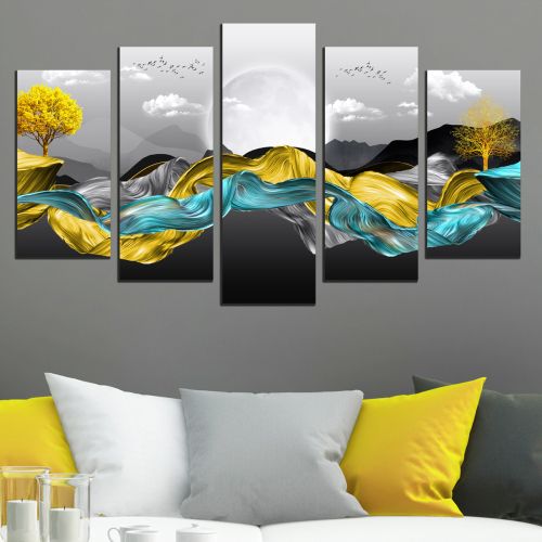 0835  Wall art decoration (set of 5 pieces) Golden leaves for living room