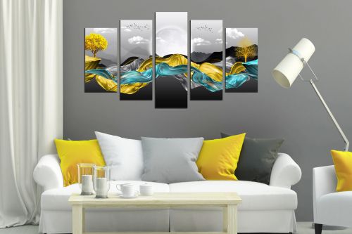 0835  Wall art decoration (set of 5 pieces) Golden leaves for bedroom