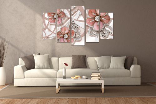 0750  Wall art decoration (set of 5 pieces) White orchids on brown background for bedroom