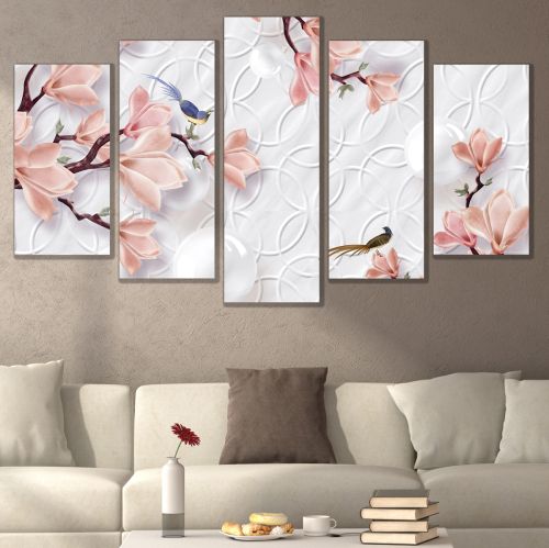 0750  Wall art decoration (set of 5 pieces) White orchids on brown background for living room