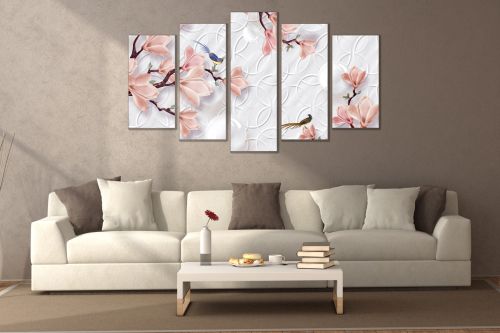 0750  Wall art decoration (set of 5 pieces) White orchids on brown background for bedroom