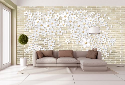 T9192 Фототапет 3D Бели цветчета на тухлена стена за хол