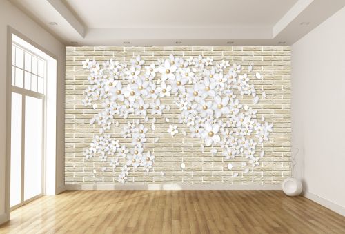 T9192 Wallpaper 3D White flowers on brick wall