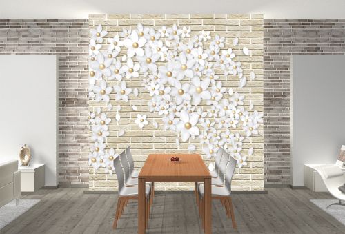 T9192 Wallpaper 3D White flowers on brick wall