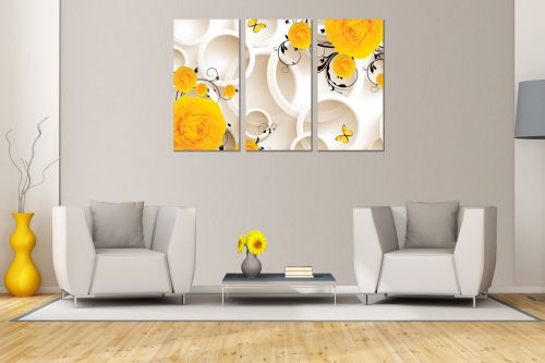 9198 Картина пано от 3 части 3D Жълти цветя за хол