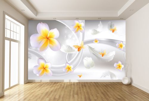 T9199 Wallpaper 3D Abstraction with flowers and feathers