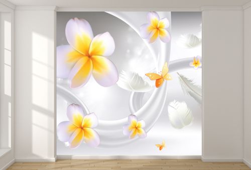 T9199 Wallpaper 3D Abstraction with flowers and feathers