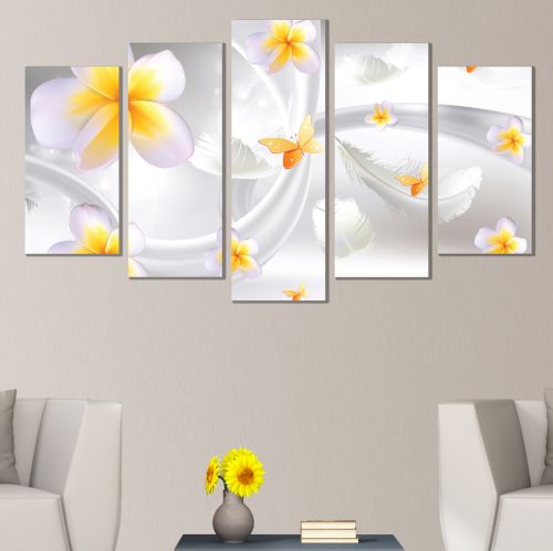 9199  Wall art decoration (set of 5 pieces) Abstraction with flowers and feathers