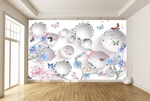 T9209 Wallpaper 3D Circles, flowers and butterflies