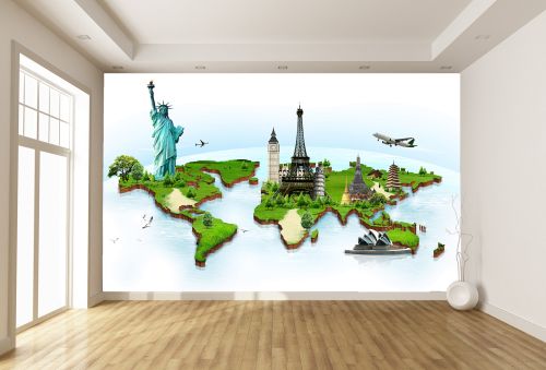 T9223 Wallpaper World map with landmarks