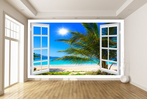 T9224 Фототапет Прозорец към плаж с палма