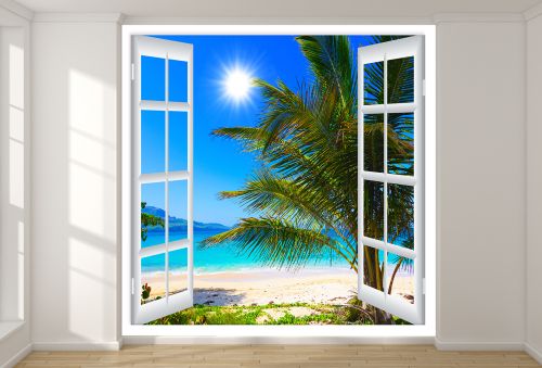 T9224 Фототапет Прозорец към плаж с палма