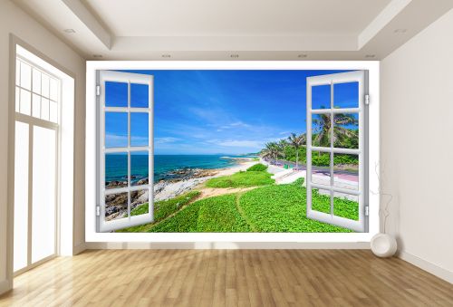 T9227 Wallpaper Window to sea and road with palm trees