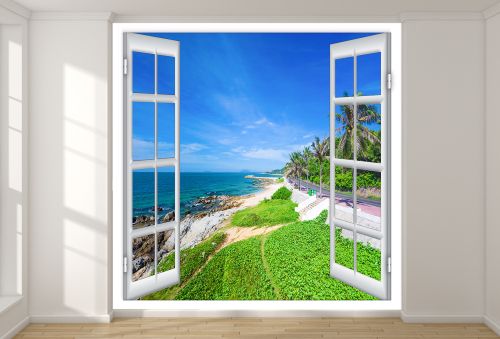 T9227 Wallpaper Window to sea and road with palm trees
