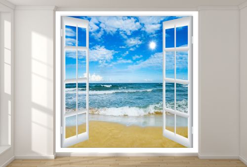 T9228 Фототапет Прозорец към красив плаж