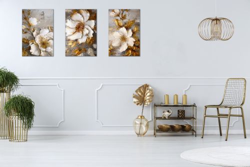 0934  Wall art decoration (set of 3 pieces) Flowers - white and gold