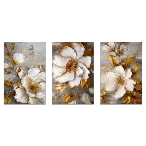 0934  Wall art decoration (set of 3 pieces) Flowers - white and gold