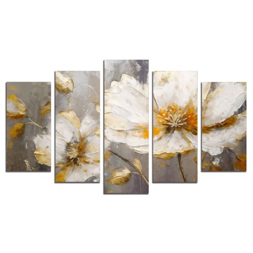 0935 Картина пано от 5 части Цветя - бяло и златно