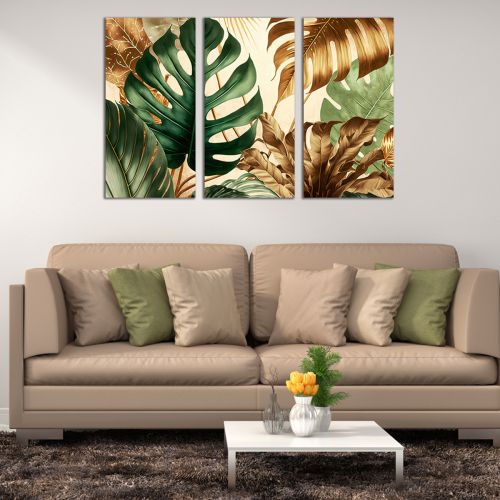 0947 Wall art decoration (set of 3 pieces) Tropical leaves in green and gold