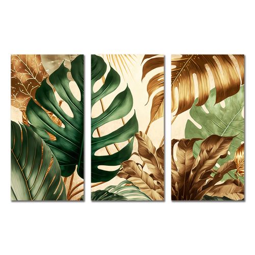 0947 Wall art decoration (set of 3 pieces) Tropical leaves in green and gold
