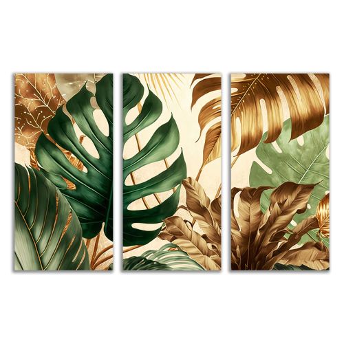 0947 Wall art decoration (set of 3 pieces) Tropical leaves in green and gold