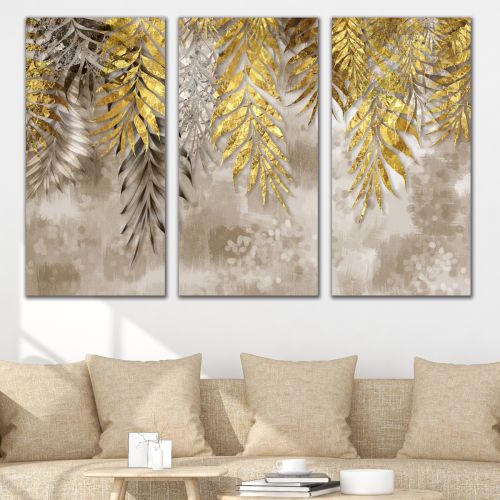 0953 Wall art decoration (set of 3 pieces) Golden leaves