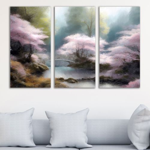 0985 Wall art decoration (set of 3 pieces) Spring japanese garden