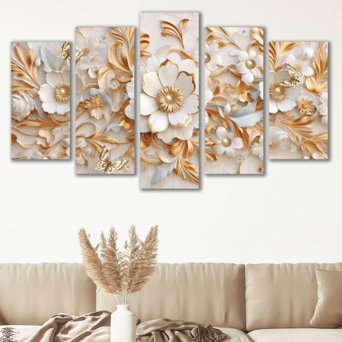 0750  Wall art decoration (set of 5 pieces) White orchids on brown background for living room