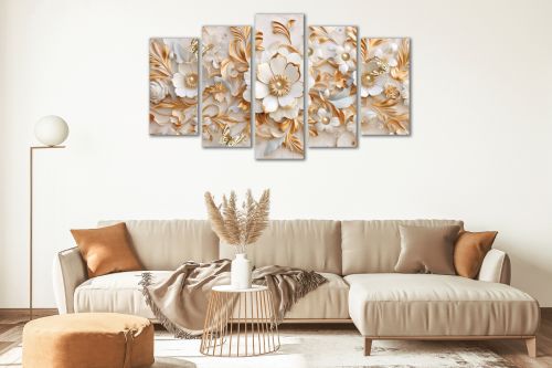 0750  Wall art decoration (set of 5 pieces) White orchids on brown background for bedroom
