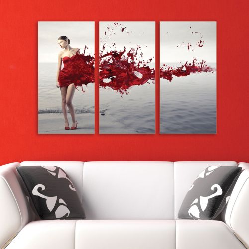 Abstract canvas art with woman in red dress