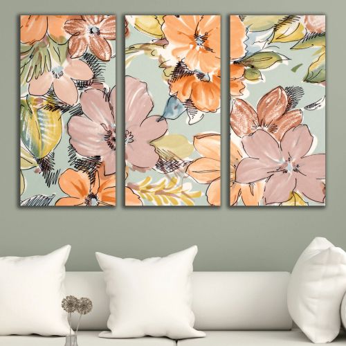 1021 Wall art decoration (set of 3 pieces) Abstraction with flowers in pastel colors